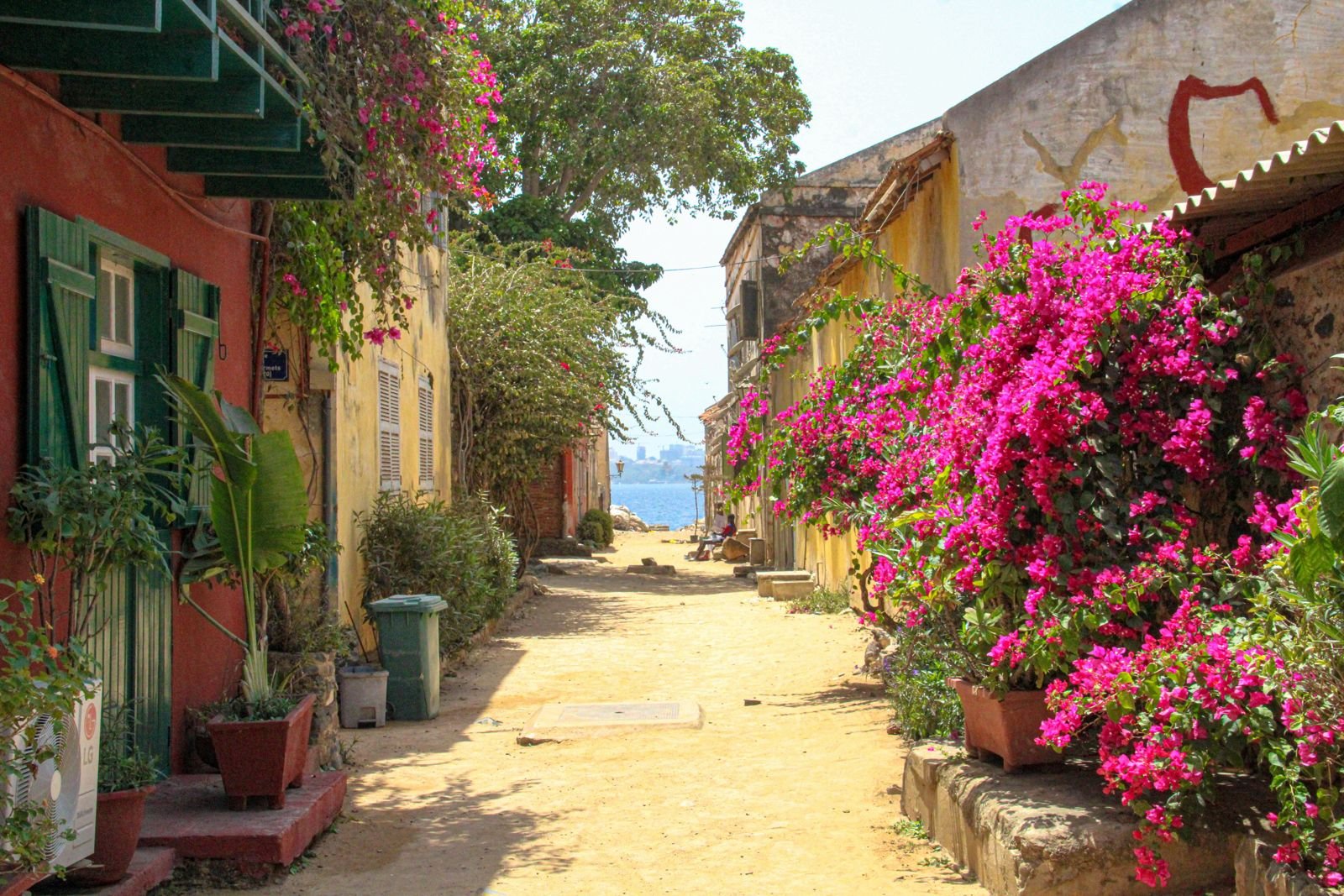 A street on the Île de Gorée, with Dakar across the water