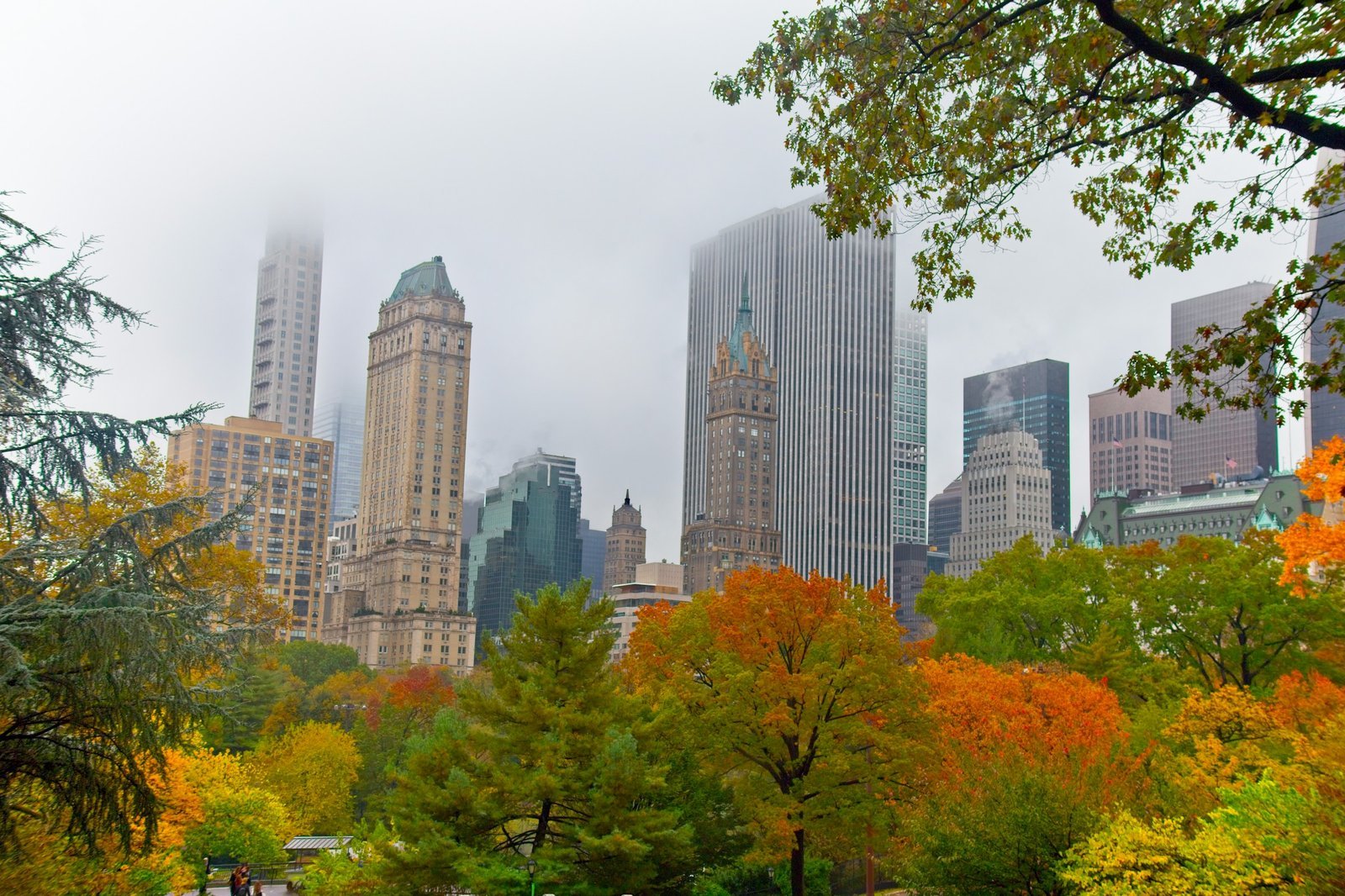 Orange and red autumn trees below towers lost in fog