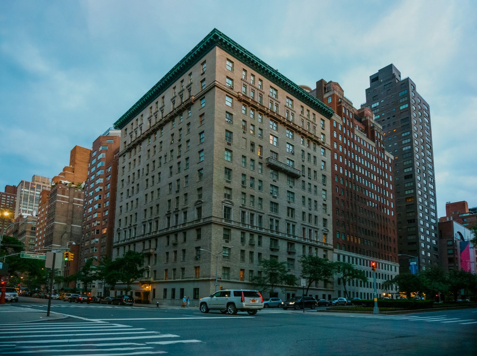 Prewar apartment buildings on Park Avenue at dusk