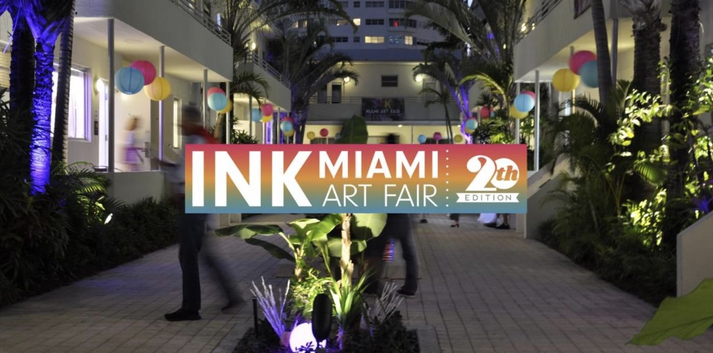 The courtyard of the Suites of Dorchester hung with paper lanterns during INK Miami Art Fair